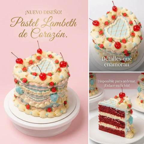 Pastel tendencia coquette de San Valentín con betún pastel, perlas y cerezas