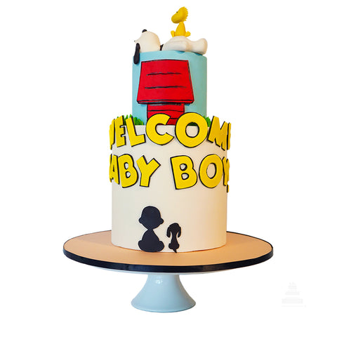 Welcome Baby Snoopy cake, pastel decorado de fondant para baby shower