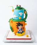 Un pastel personalizado inspirado en Dragon Ball, diseñado para fans de Goku, Shenlong y las Esferas del Dragón.