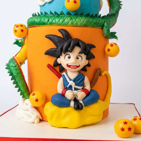 Un pastel personalizado inspirado en Dragon Ball, diseñado para fans de Goku, Shenlong y las Esferas del Dragón.