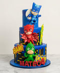 Pastel personalizado de PJ Masks con Catboy, Owlette y Gekko hechos a mano. Ideal para cumpleaños infantiles en CDMX.