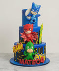 Pastel personalizado de PJ Masks con Catboy, Owlette y Gekko hechos a mano. Ideal para cumpleaños infantiles en CDMX.