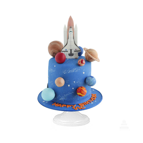 Spaceship cake, pastel decorado de nave con planetas