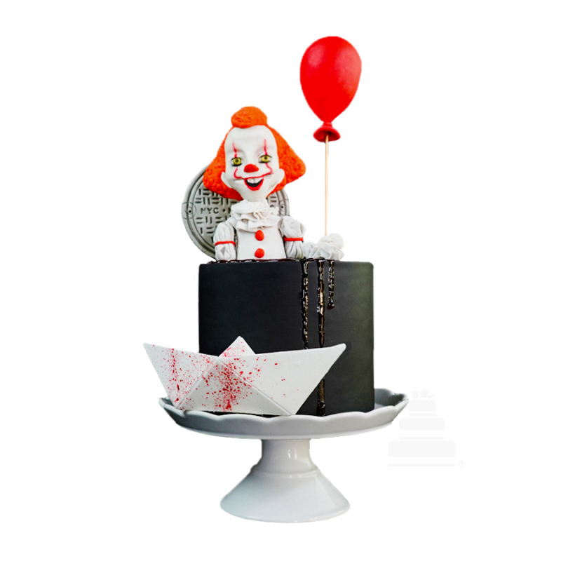 CakesDecor - Pennywise Halloween Cake by Lily Blossom Cake Creations  https://cakesdecor.com/cakes/357613-pennywise-halloween-cake Pennywise Cake  from the movie IT & IT Follows All hand made, hand painted fondant, all  edible except for the balloon