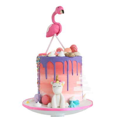 Flamingo Drip, Pastel decorado con merengues y macarrones
