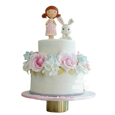 Roses floral cake, pastel con flores de azúcar con niña y conejito