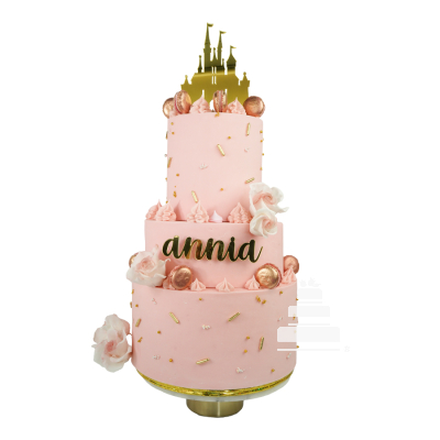 Magic World Pink Cake, pastel rosa con cake topper del castillo de disney y detalles dorados