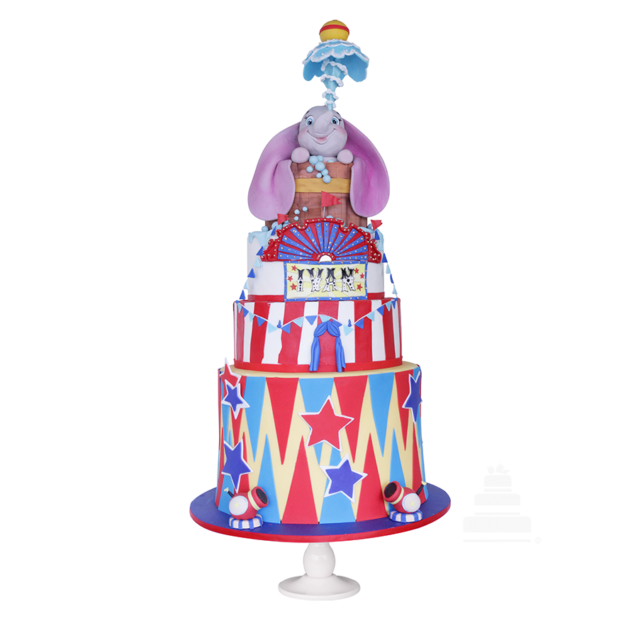 Pastel decorado en fondant increíble con elefante, Dumbo's Cake, en colores  de circo