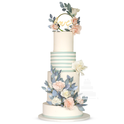 Magic Love, pastel decorado para boda elegante con flores rosas y olivo y cake topper 