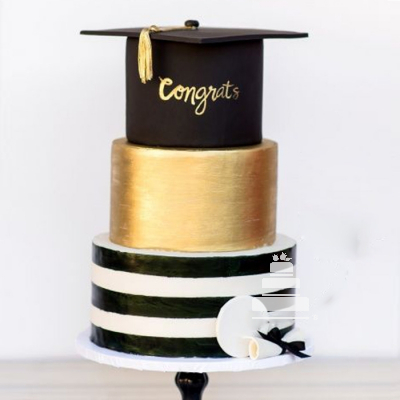 Congrats Cake, pastel decorado para celebrar graduación en negro, dorado y blanco