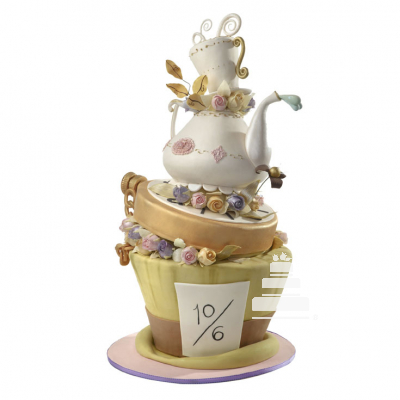 Alice Tea Party, pastel inspirado en Alicia en el país de las maravillas con tetera, reloj y sombrero