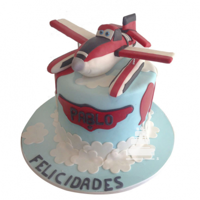 Aviones, pastel decorado de fondant con avión rojo para niño