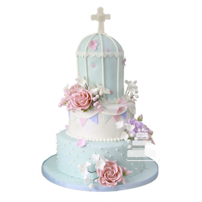 Baptism Cage, pastel decorado para bautizo o 1a Comunión en tonos azúl y blanco con cruz