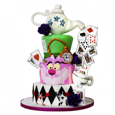 Alice World Cake, pastel con naipes, conejo blanco y gato sonriente