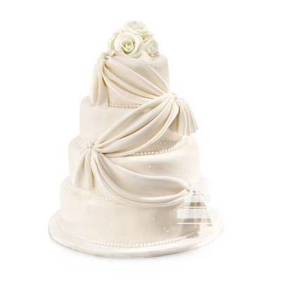Pastel de boda en varios pisos  circulares decorado en fondant con lazos, y flores blancas arriba, muy elegante 
