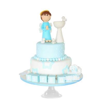 Christening, pastel para primera comunión o bautizo en azúl y blanco, de niño