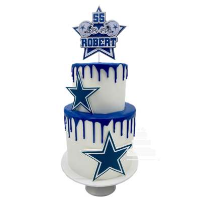 Dallas cowboys cake, pastel decorado de dos pisos personalizado Dallas Cowboys estrellas azul y plata