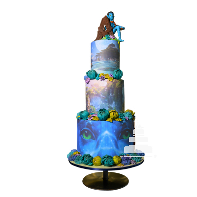 Avatar movie cake, pastel decorado de película Avatar con flores de azúcar y paisaje en 3 pisos
