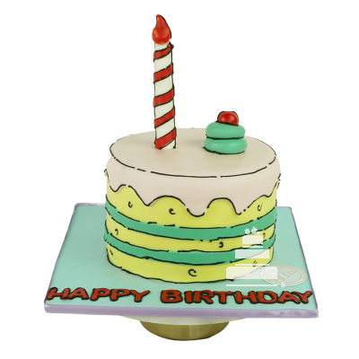 Outline cake, Pastel delineado tipo dibujo de caricatura en un piso con leyenda Happy birthday y vela. 