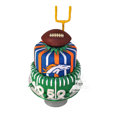 Denver broncos football field cake, Pastel decorado de campo de football Broncos Denver