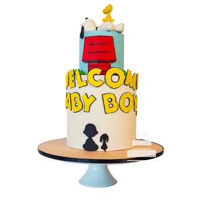 Welcome Baby Snoopy cake, pastel decorado de fondant para baby shower