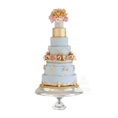 Fairy Tale Golden Super Cake, pastel para quinceañera de 7 pisos en azúl y dorado, flores y aplicaciones de azúcar