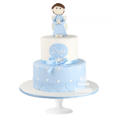 Pastel decorado con niño angelito ideal para bautizo o comunión en colores azúl y blanco de niño
