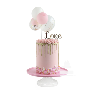 Love Balloon, Pastel rosa de fondant decorado con globos y cake topper dorado.