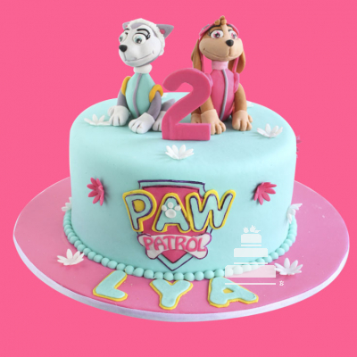 Paw Patrol Girly, pastel decorado de paw patrol fondant para niña en rosa con perritos