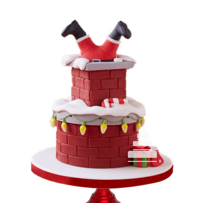 Chimenea de Santa Claus, pastel decorado con santa entrando por la chimenea