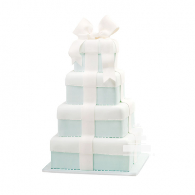 Pastel de bodas en pisos cuadrados estilo cajas de regalo, Tiffany Boxes, color tiffany con moño blanco