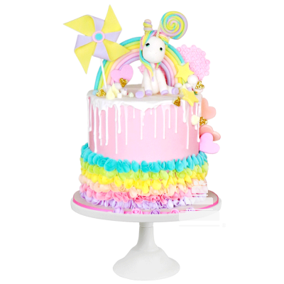 My Little Unicorn, pastel decorado de unicornio en colores tenues  con arcoíris con corazones y rehilete 