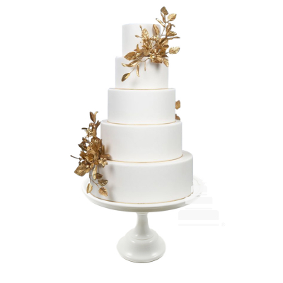 Golden nature Cake, pastel de boda de 5 pisos circulares y arreglo floral dorado. 
