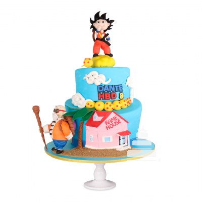 Dragon Ball Goku, pastel decorado de fondant con Goku y el maestro Roshi 