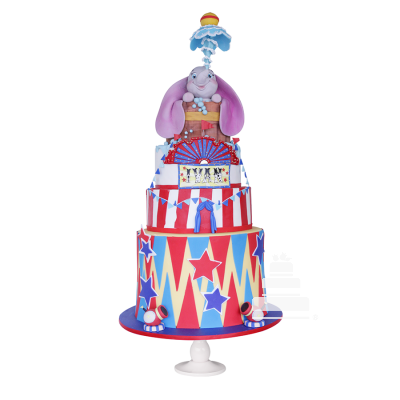 Pastel decorado en fondant increíble con elefante, Dumbo's Cake, en colores de circo