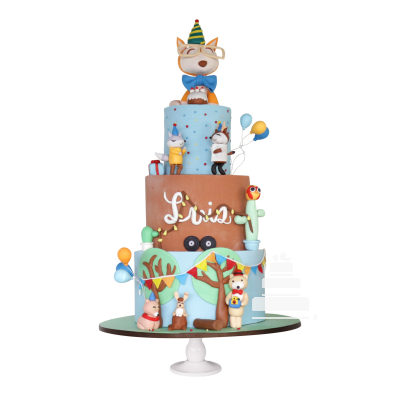 Pastel decorado de animalitos y zorro para cumpleaños infantil 
