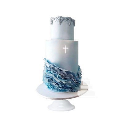 Pastel para bautizo, con decoración de fondant y holanes azules