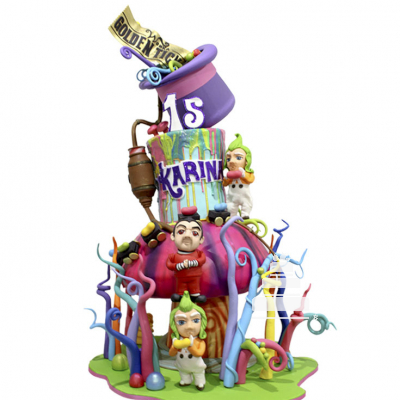 Pastel decorado de  Willy Wonka y Charly y la fábrica de chocolate con umpalumpas