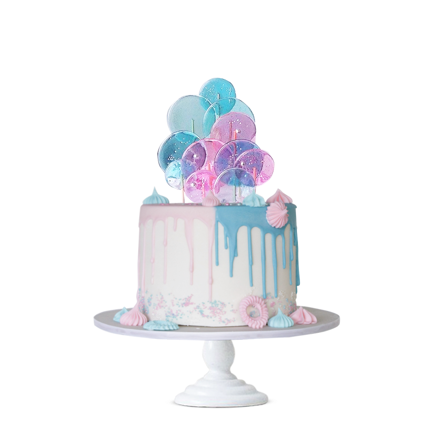 Colors Drip Cake, pastel con paletas de caramelo en tonos azúl y rosa