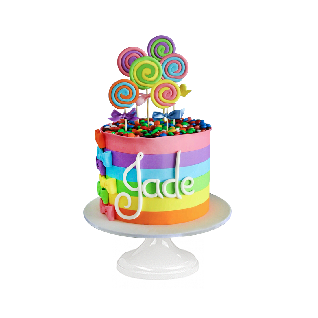 Jade Cake, pastel decorado con arcoíris, paletas y lunetas para cumpleaños