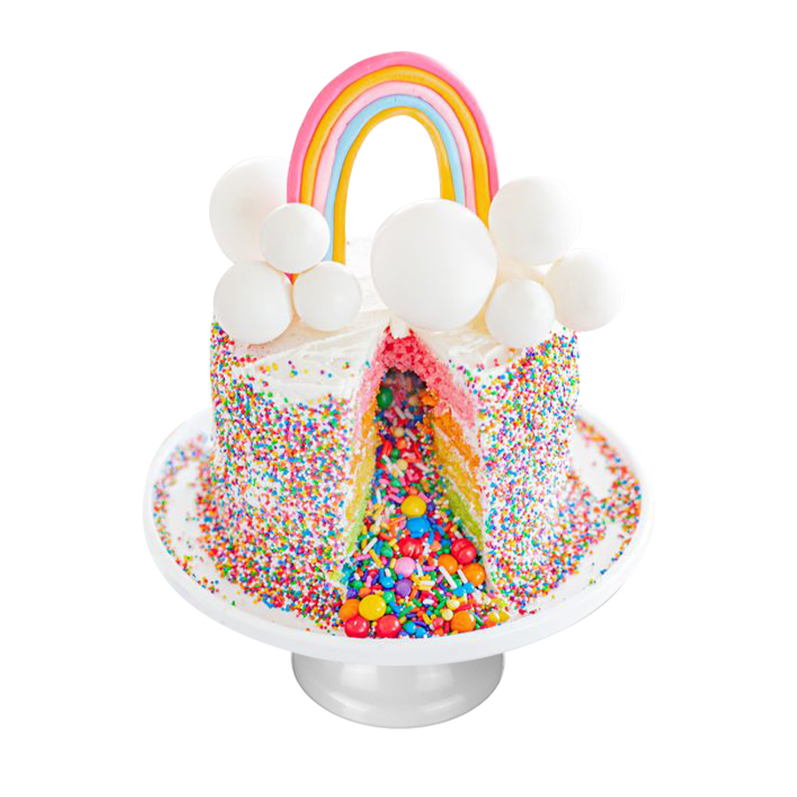 Rainbow surprise, pastel con chochitos y dulces de colores en interior