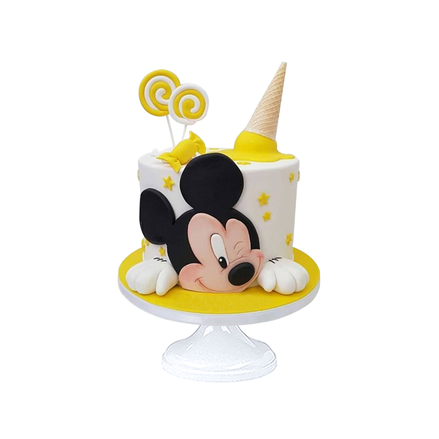 Yellow Mickey, pastel con paletas y helado de fondant para cumpleaños