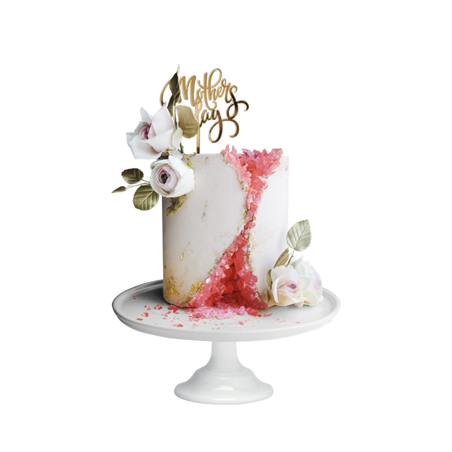 Geoda Mom, Pastel con decoración de cristales de azúcar y cake topper