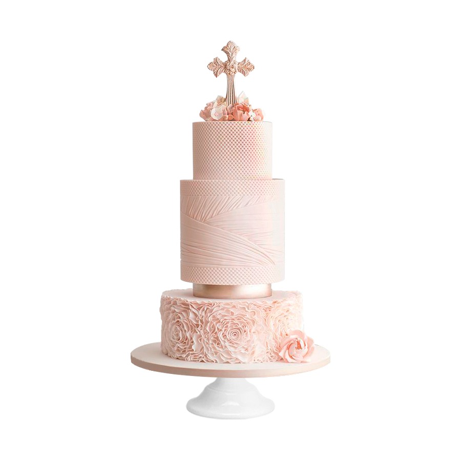 Cute flowered elegance, pastel con decoración rosada y elegante para bautizo
