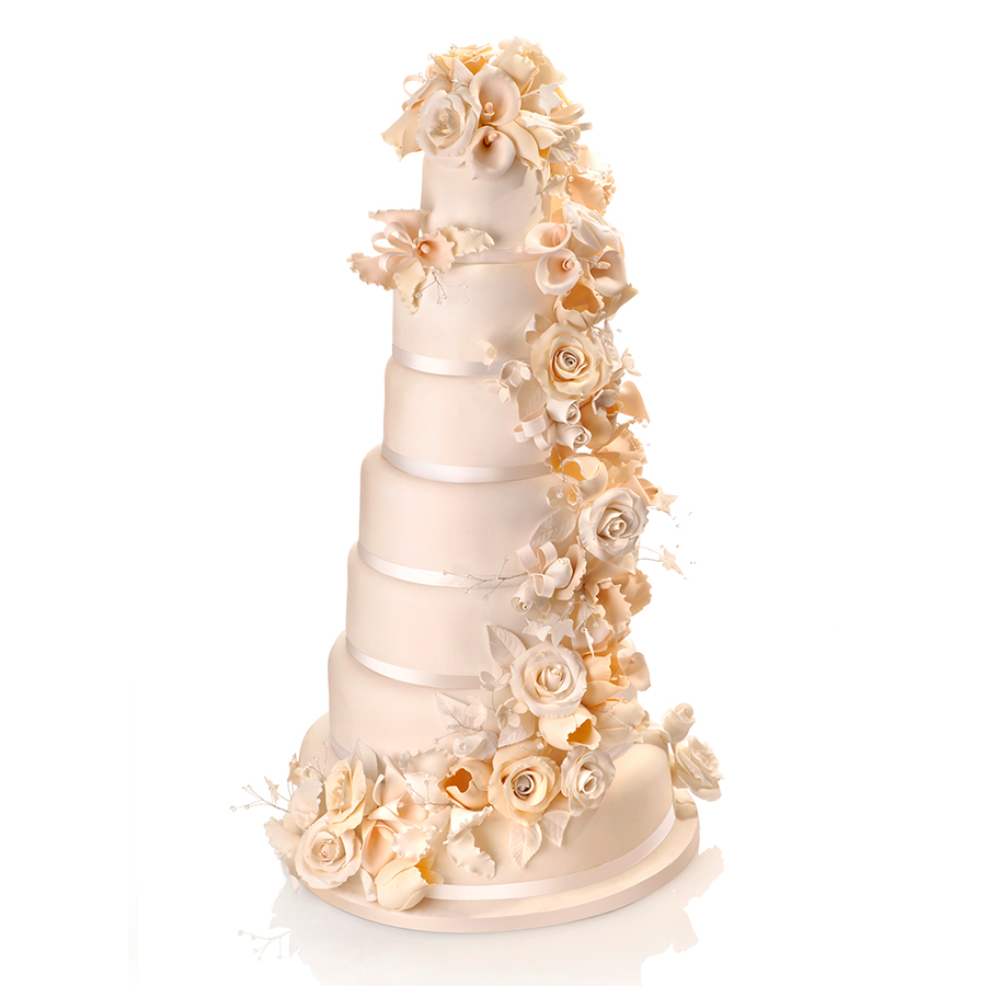 Beige flower cascade, Pastel  de bodas con cascada de flores
