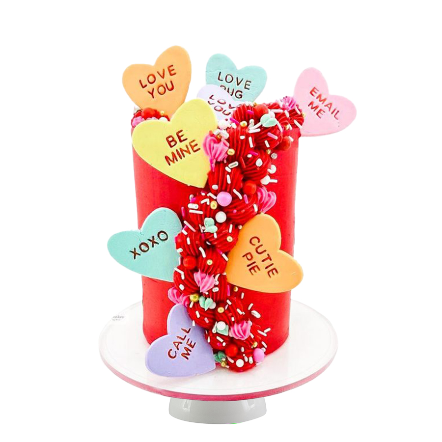Romantic candies cake, Pastel de corazones dulces con frases románticas