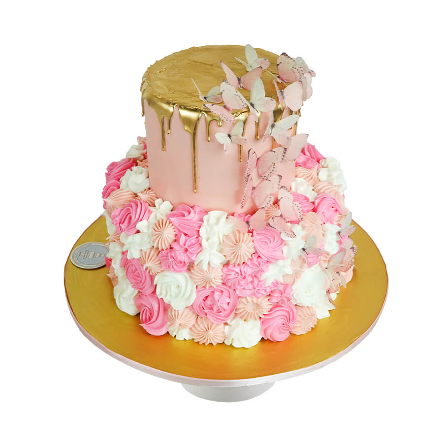 Pink cake butterflies, pastel con mariposas, rosas y detalles dorados