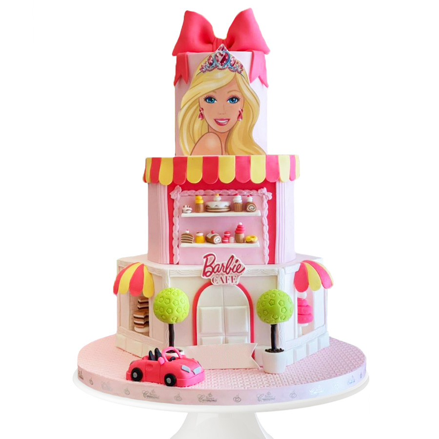 Barbie coffee shop cake, Pastel con forma de cafetería de Barbie