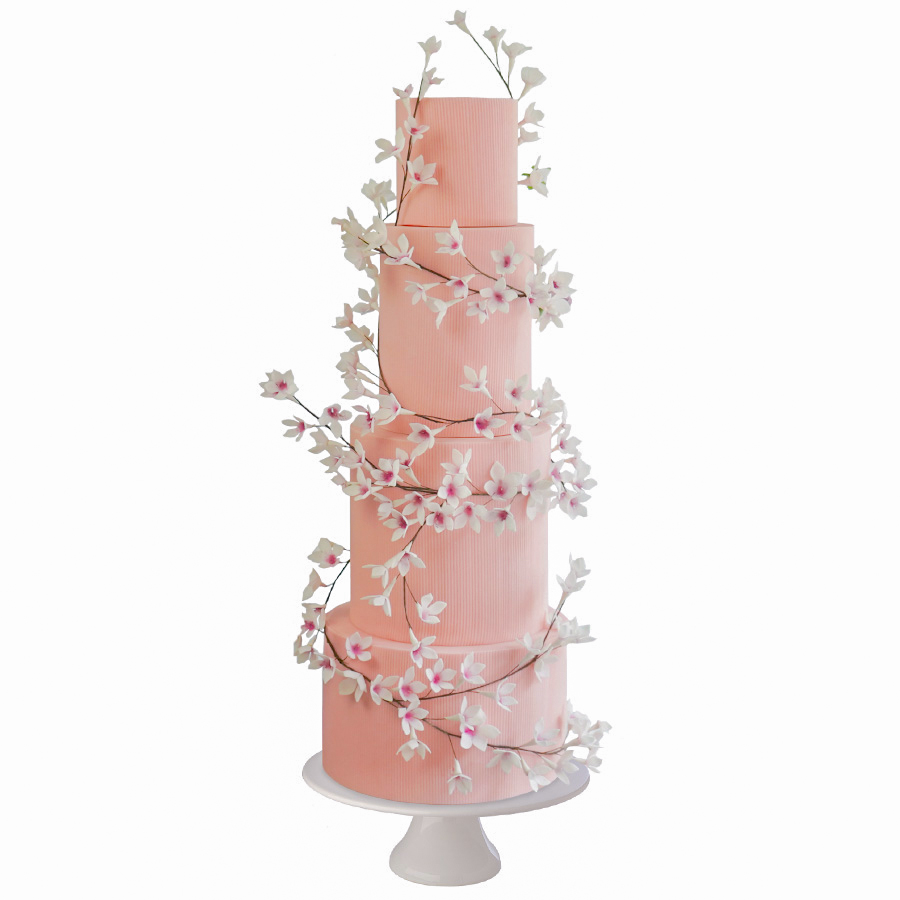 Wedding pink flower cake - Pastel de bodas rosa con flores y ramas decorativas