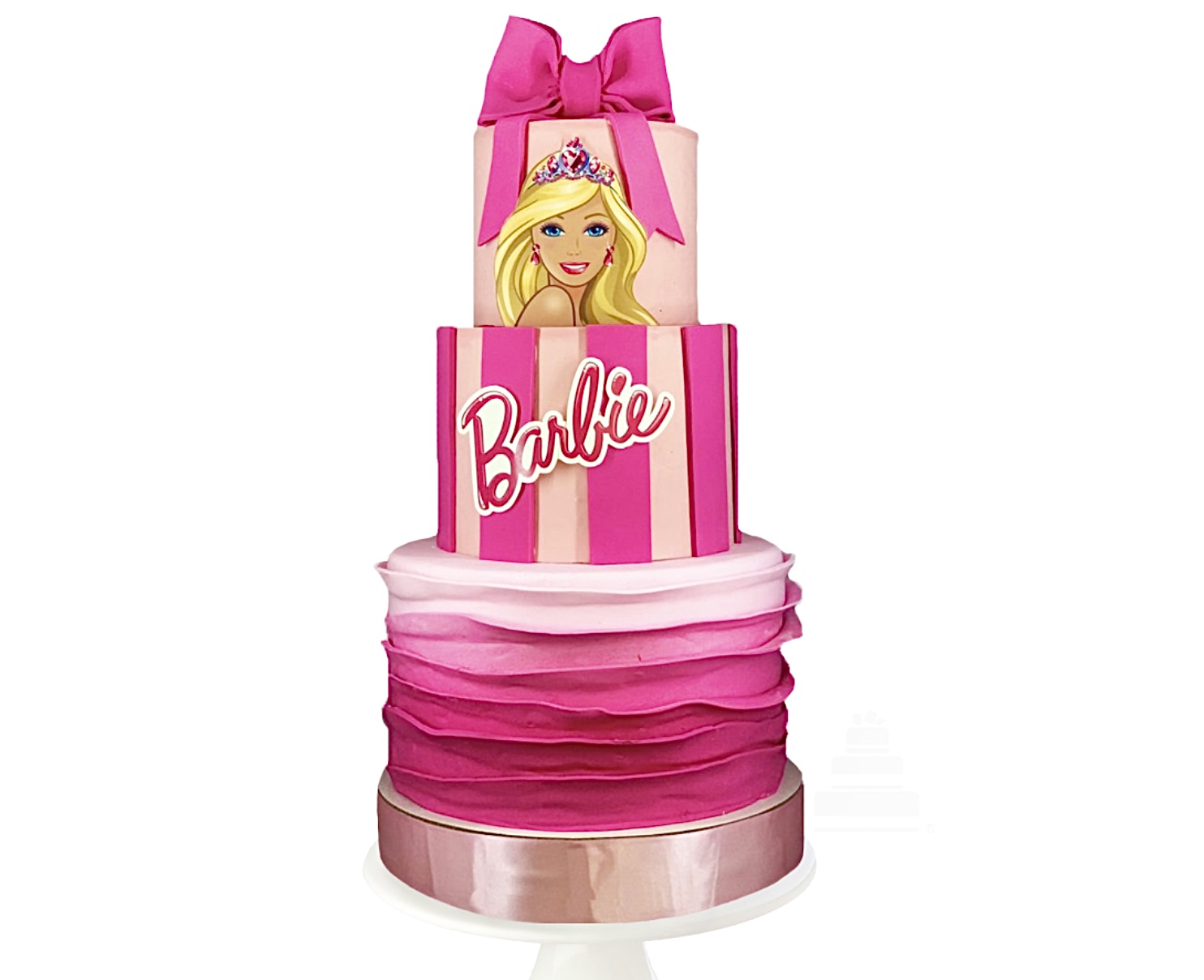 Pastel de barbie en 3 pisos color rosa con moño y cara de barie